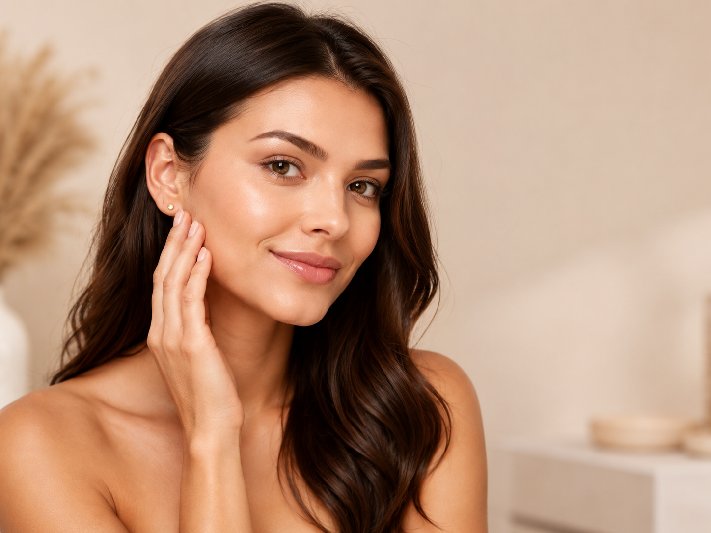 Woman with radiant, hydrated skin gently touching her face