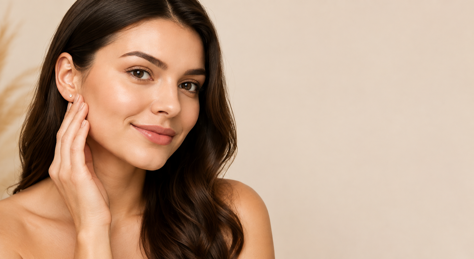 Woman with clear, radiant skin gently touching her face