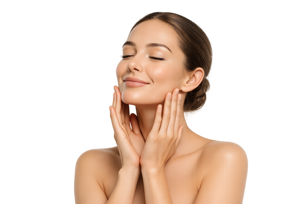 Woman with smooth, glowing skin gently touching her face