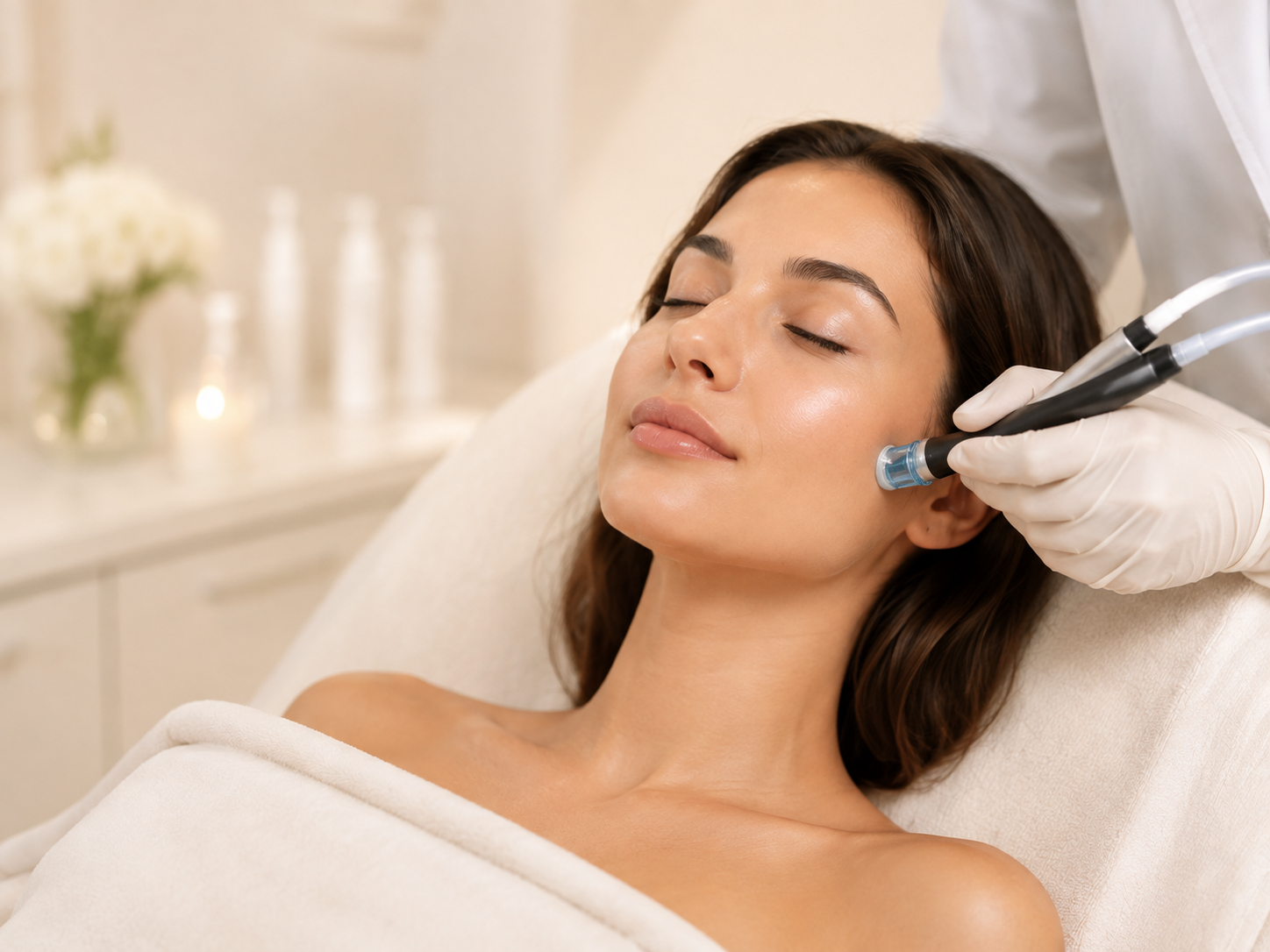 Practitioner performing a HydraFacial treatment on a patient's face at Glow Lab Aesthetic