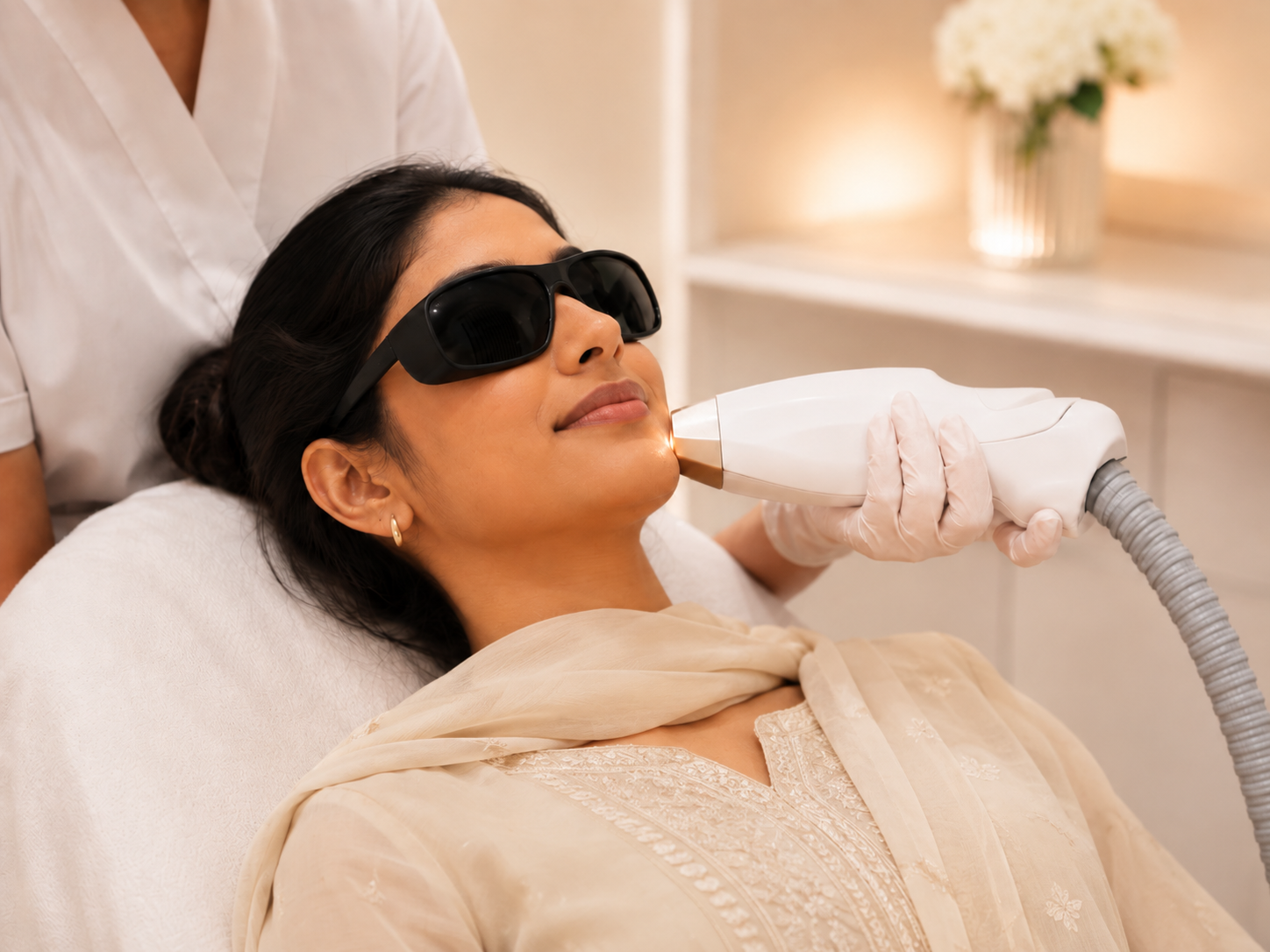  Patient receiving laser hair removal treatment on the face at Glow Lab Aesthetic