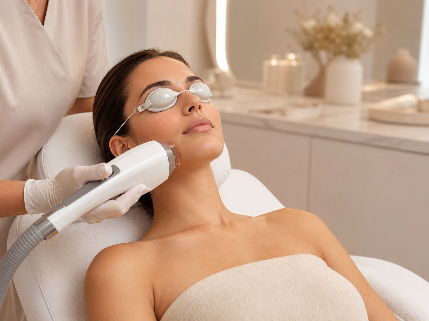 Practitioner performing laser hair removal treatment on a patient's chin at Glow Lab Aesthetic in Islamabad